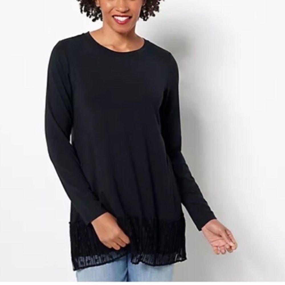 Black LOGO by Lori Goldstein Top with Broomstick Mesh Hem size medium